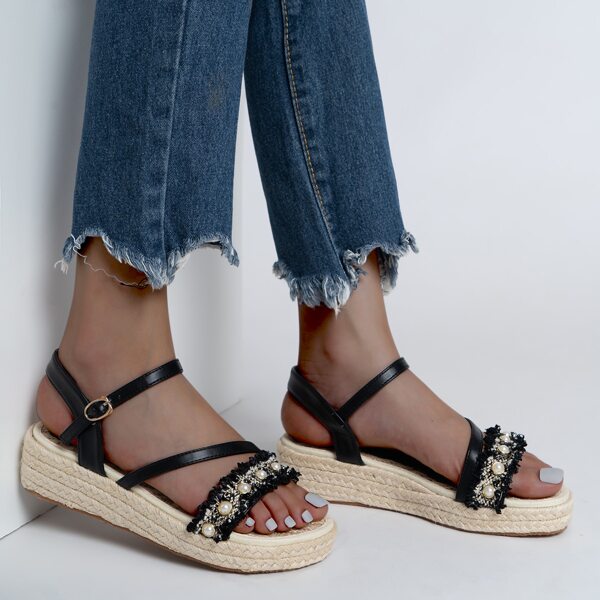 

Faux Pearl Decor Flatform Sandals, Black