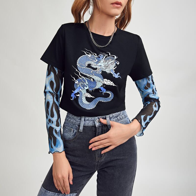 

2 In 1 Fire & Chinese Dragon Graphic Tee, Black