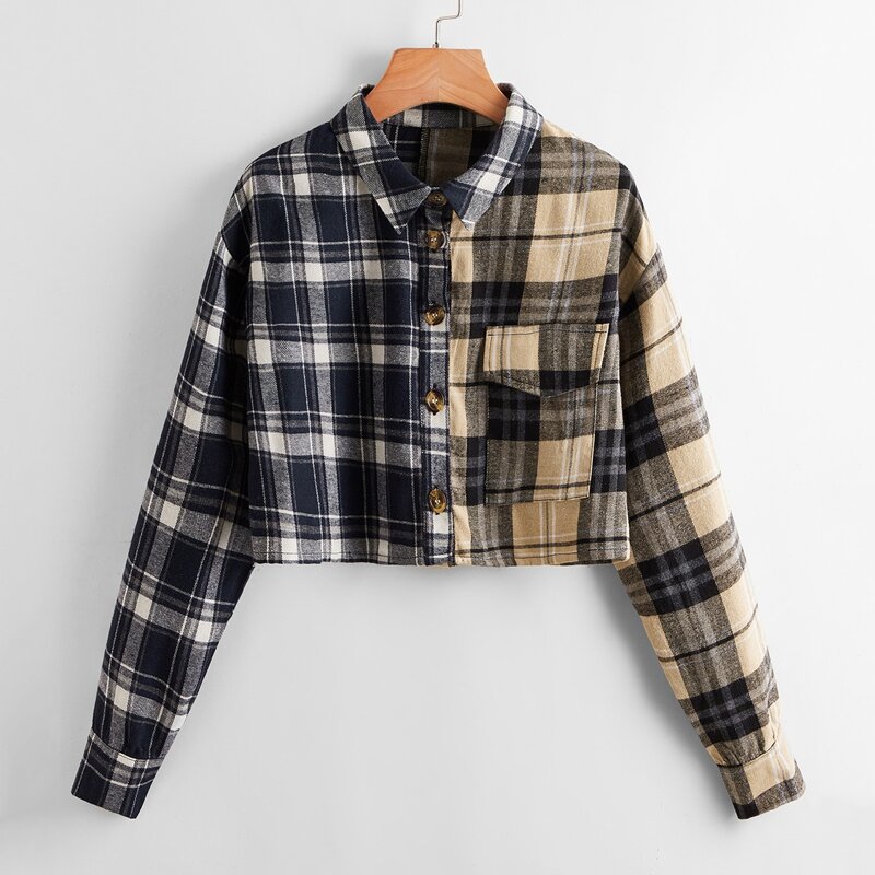

Plaid Colorblock Button Front Blouse, Multicolor