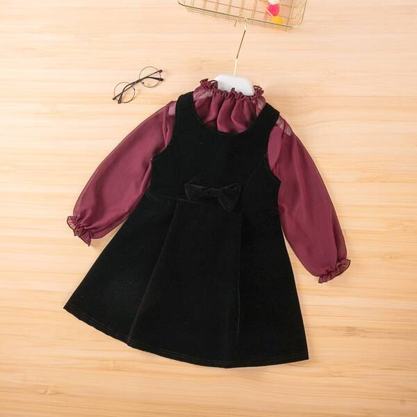 

Toddler Girls Frill Blouse With Bow Overall Dress, Multicolor