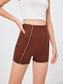 Stitching Trim Biker Shorts - Brown - View 1