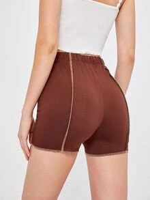 Stitching Trim Biker Shorts - Brown - View 2