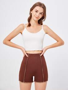 Stitching Trim Biker Shorts - Brown - View 3