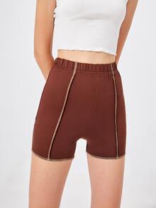 Stitching Trim Biker Shorts - Brown - View 4