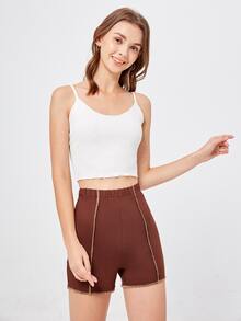 Stitching Trim Biker Shorts - Brown - View 5