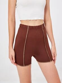 Stitching Trim Biker Shorts - Brown - View 6