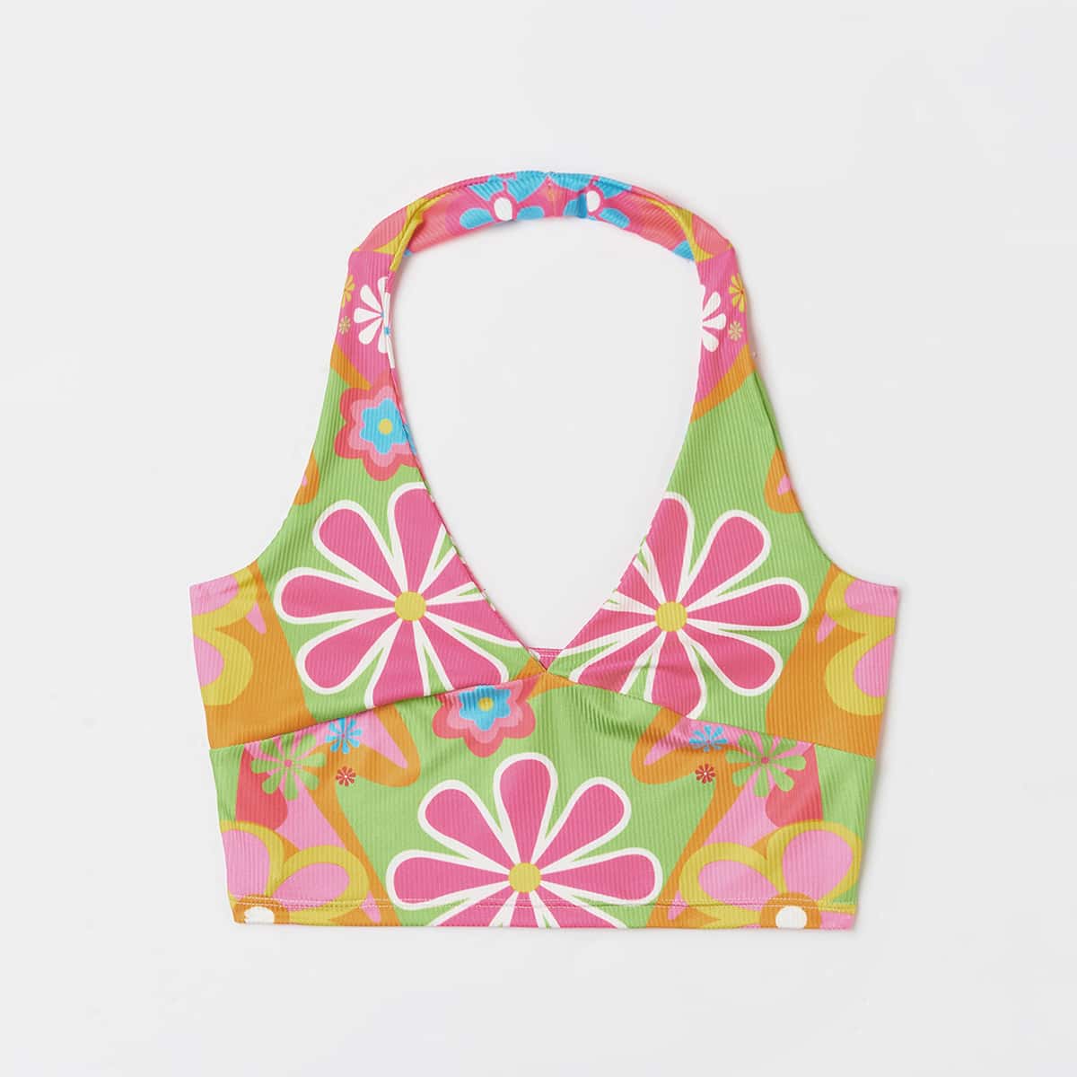 

Floral Print Ribbed Halter Top, Multicolor