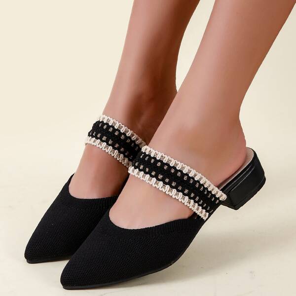 

Point Toe Knit Panel Chunky Mules, Black