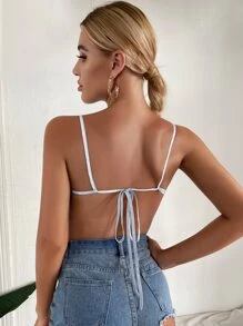 SHEIN BAE 結飾露背提花緞面吊帶上衣 - 淺藍色 - 查看 2