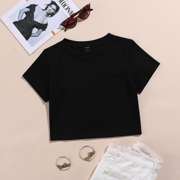 

Solid Short Sleeve Crop Tee, Black