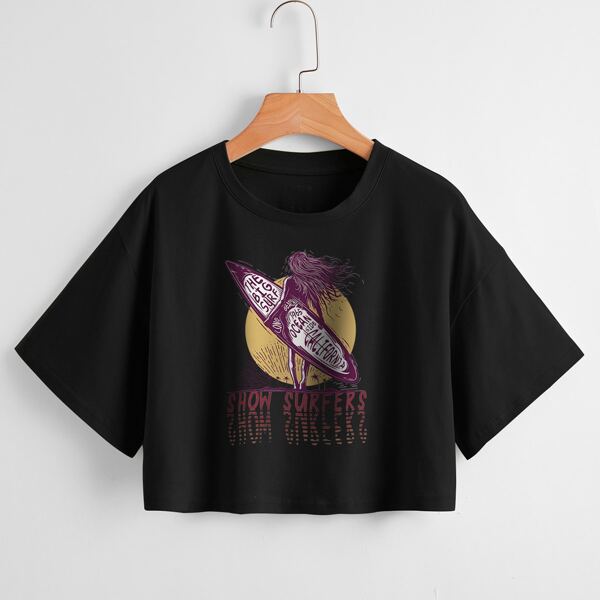 

Drop Shoulder Letter & Figure Graphic Tee, Black