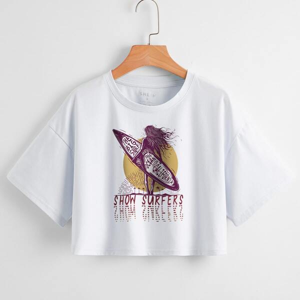 

Drop Shoulder Letter & Figure Graphic Tee, White