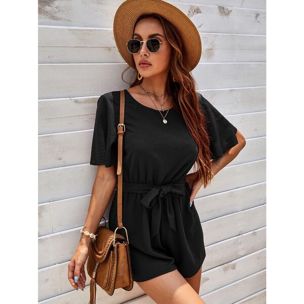 

Solid Scoop Neck Self Tie Romper, Black