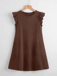 SHEIN Clasi 荷葉邊袖口素色連衣裙 - 咖啡棕 - 查看 1