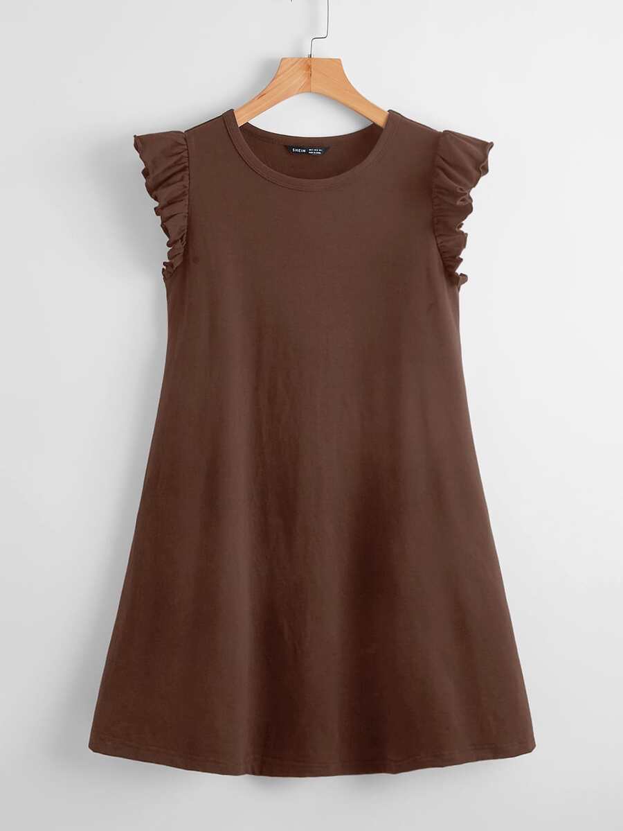 SHEIN Clasi 荷葉邊袖口素色連衣裙 - 咖啡棕 - 查看 1