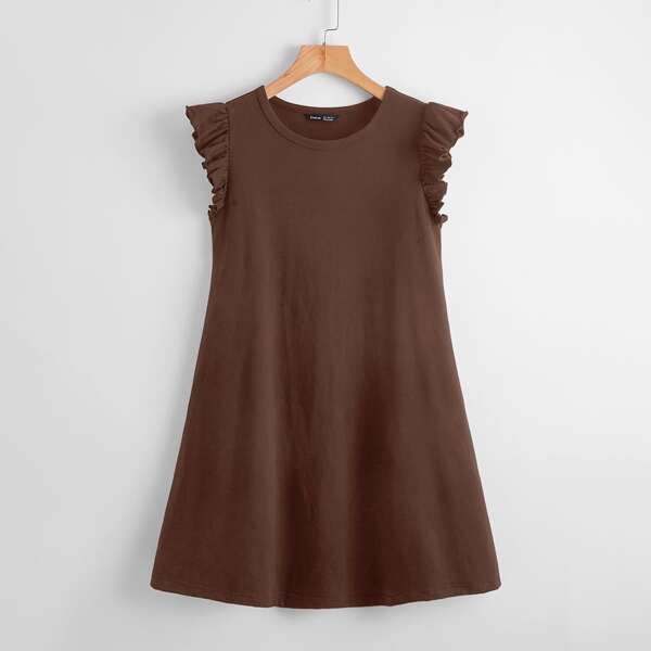 

Ruffle Armhole Solid Dress, Coffee brown