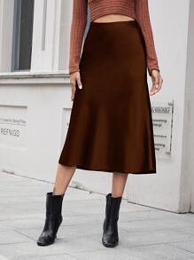 SHEIN BAE Zipper Side Solid Satin Skirt - Chocolate Brown - View 1