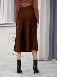 SHEIN BAE Zipper Side Solid Satin Skirt - Chocolate Brown - View 2