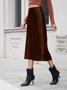 SHEIN BAE Zipper Side Solid Satin Skirt - Chocolate Brown - View 3