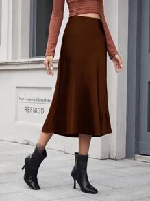 SHEIN BAE Zipper Side Solid Satin Skirt - Chocolate Brown - View 5