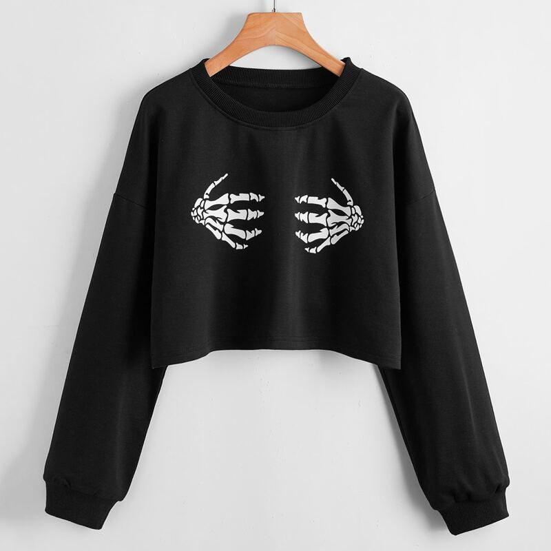 

Skeleton Graphic Crop Sweatshirt, Black