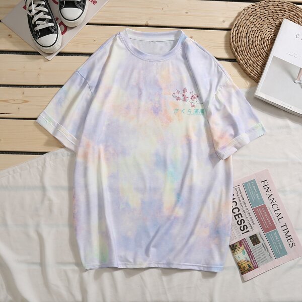

Men Japanese Letter And Floral Print Tee, Multicolor