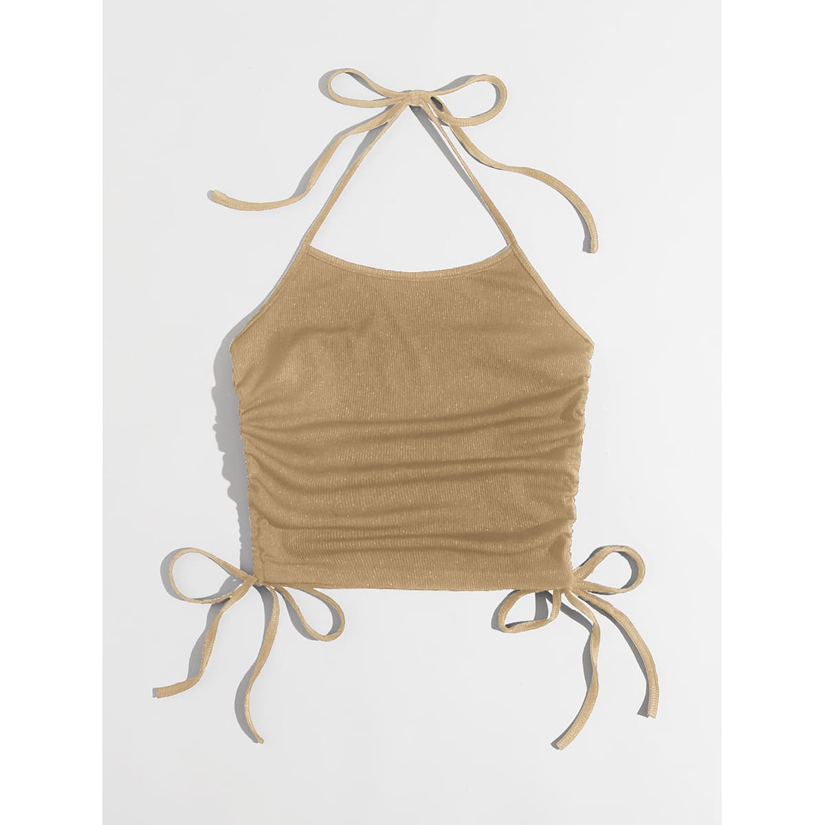 

Solid Drawstring Halter Top, Khaki