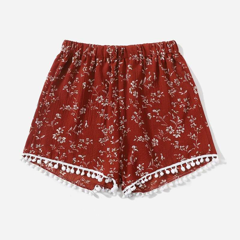

Ditsy Floral Pom Pom Shorts, Red