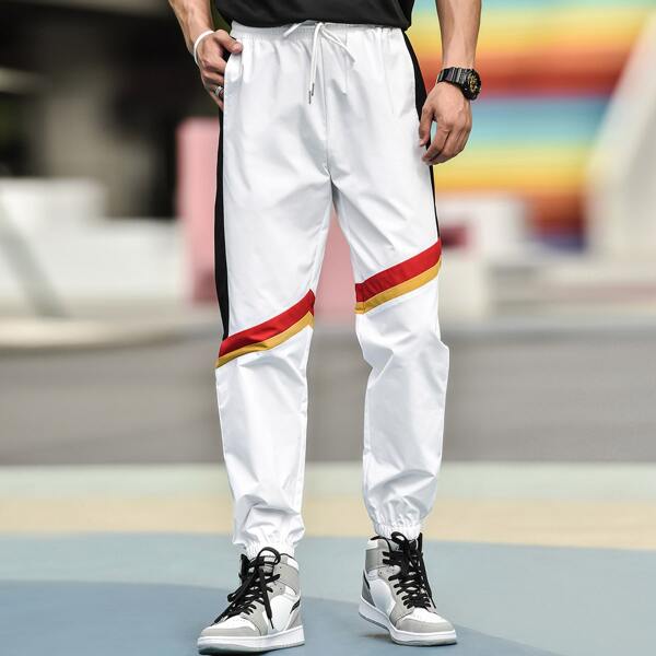 

Men Contrast Panel Drawstring Carrot Pants, White
