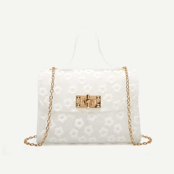 

Floral Embroidered Flap Chain Bag, White
