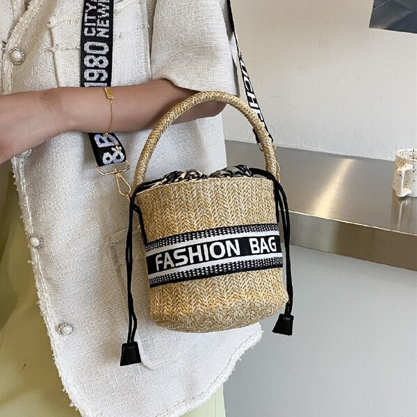

Letter Graphic Straw Panel Bucket Bag, Khaki