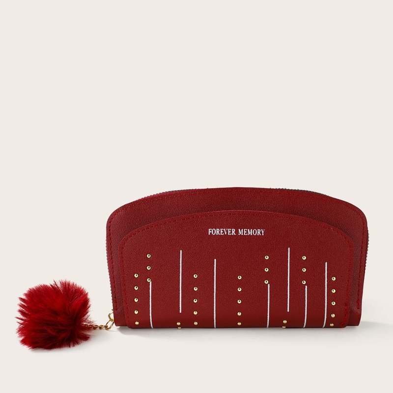 

Pom-pom Charm Studded Decor Long Wallet, Red