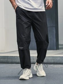 Manfinity Hombres Pantalones rompevientos con estampado de letra bajo con cordón - Negro - Ver 3