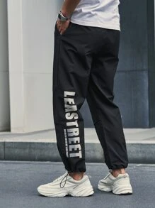 Manfinity Hombres Pantalones rompevientos con estampado de letra bajo con cordón - Negro - Ver 5