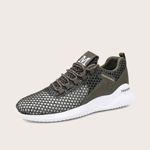 

Men Letter Graphic Mesh Panel Sneakers, Army green