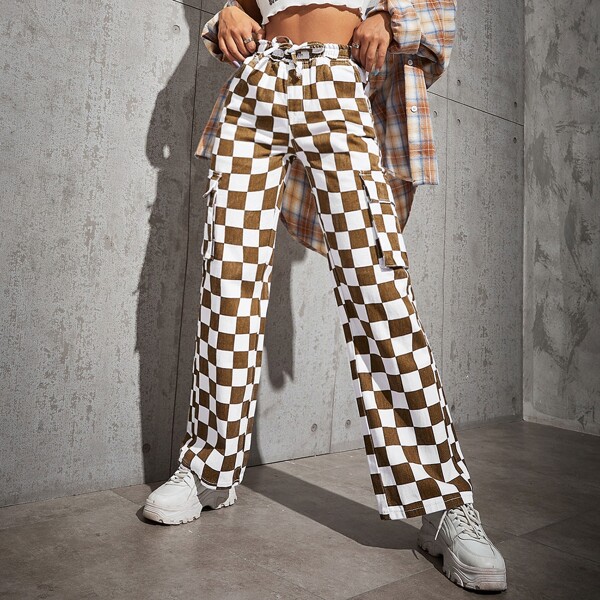 

Checker Print Tie Waist Flap Pocket Jeans, Multicolor