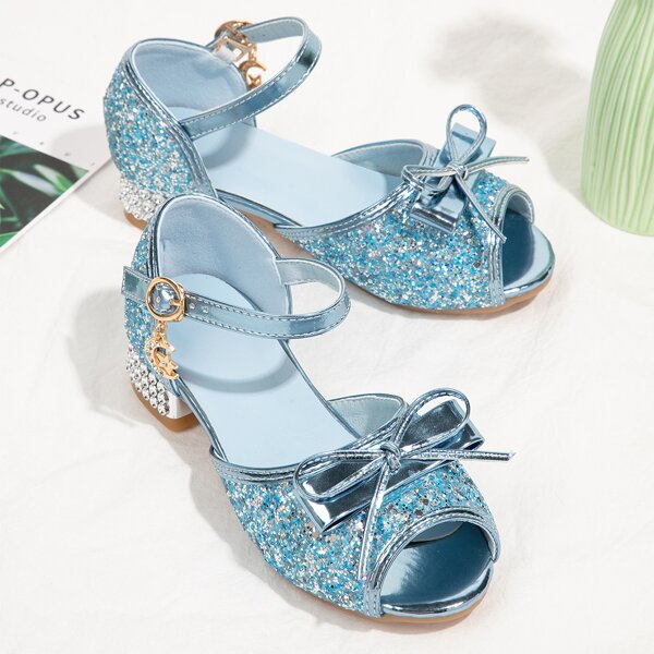 

Girls Bow Decor Peep Toe Flats, Blue