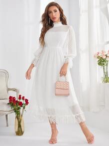 Modelyn Swiss Dot Ruffle Neck A-line Dress - White - View 1