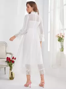 Modelyn Swiss Dot Ruffle Neck A-line Dress - White - View 2