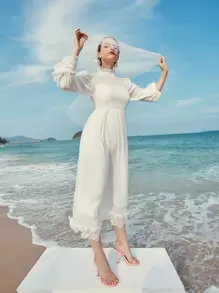 Modelyn Swiss Dot Ruffle Neck A-line Dress - White - View 4