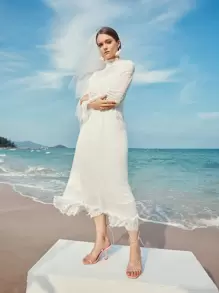 Modelyn Swiss Dot Ruffle Neck A-line Dress - White - View 5