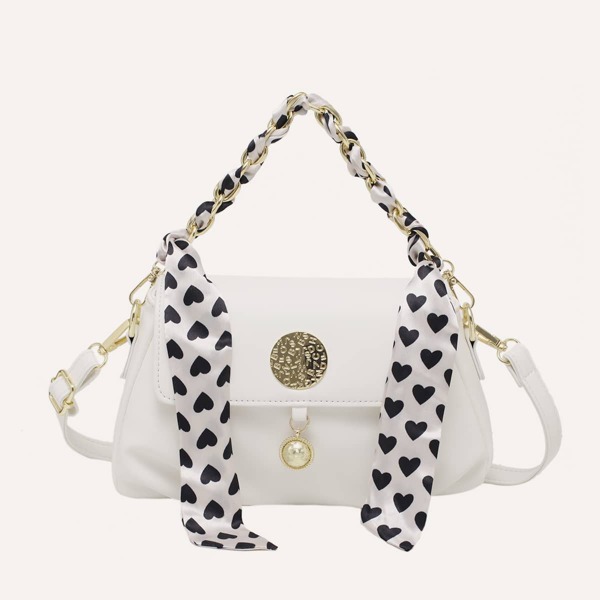 

Twilly Scarf Decor Flap Satchel Bag, White