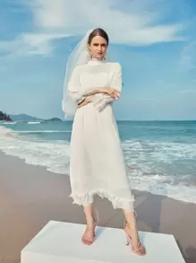 Modelyn Swiss Dot Ruffle Neck A-line Dress - White - View 6