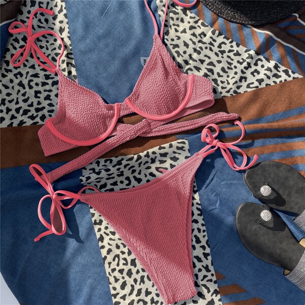 

Textured Underwire Tie Side Bikini Swimsuit, Pink