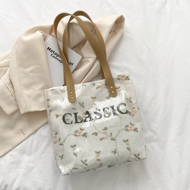

Flower Embroidered Letter Graphic Tote Bag, White
