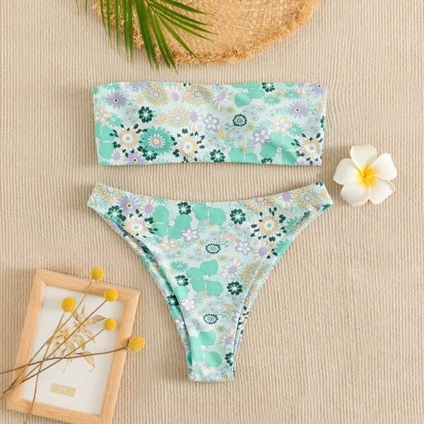 

Floral Random Print Bandeau Bikini Swimsuit, Multicolor