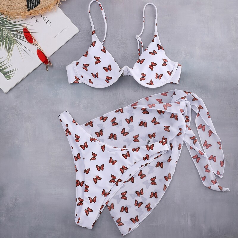 

3pack Butterfly Print Underwire Bikini Swimsuit & Beach Skirt, Multicolor
