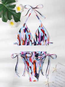 SHEIN Swim Summer Beach Allover Graphic Triangle Thong Bikini - Multicolor - View 4