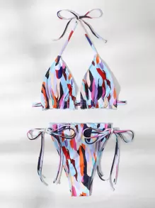 SHEIN Swim Summer Beach Allover Graphic Triangle Thong Bikini - Multicolor - View 5