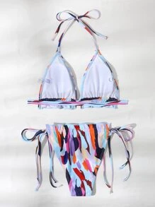 SHEIN Swim Summer Beach Allover Graphic Triangle Thong Bikini - Multicolor - View 7